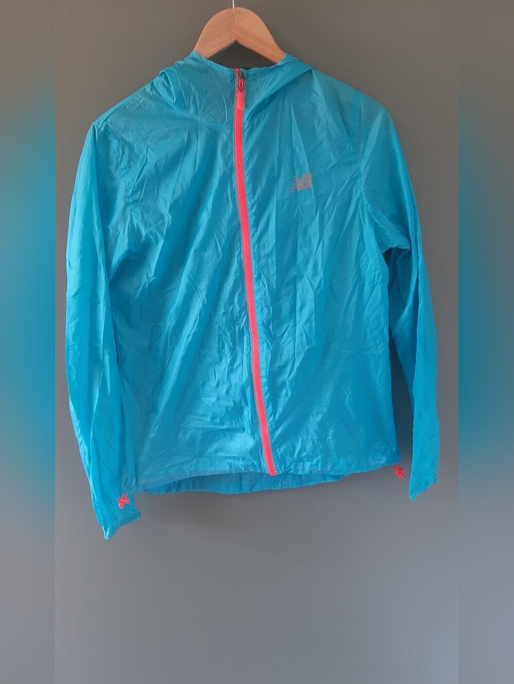 New Balance Turquoise Hooded Packable Windbreaker with Coral Zip
